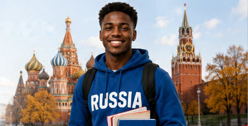 Улыбающийся студент в толстовке с надписью Russia держит учебники русского языка на фоне храма Василия Блаженного и Кремля